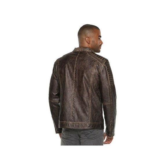 XRAY Slim-Fit Faux-Leather Brown Moto Jacket- XL - Picture 2 of 10